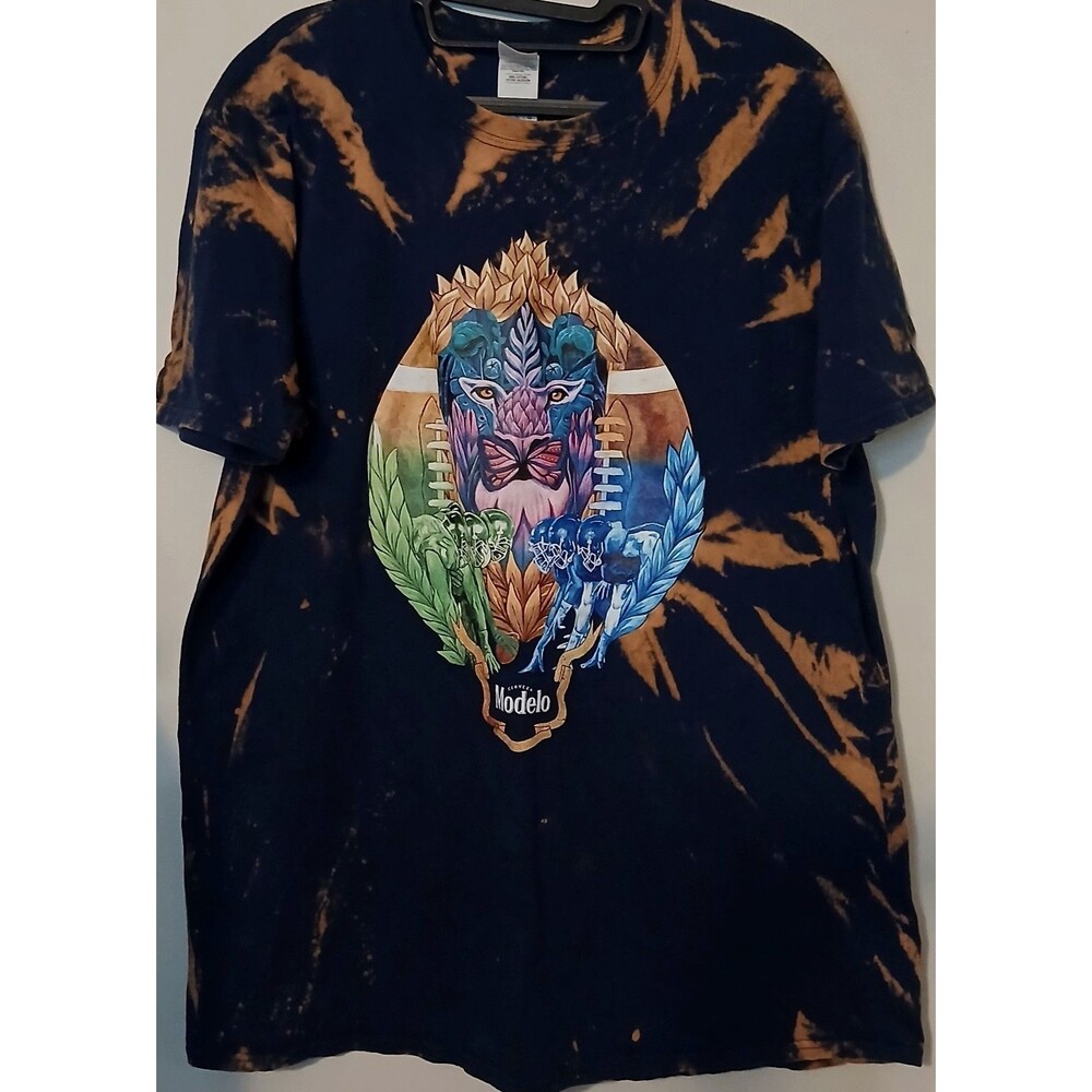 MODELO BEER Graphic Tee Men XL Custom Acid Wash Football Lion Gildan Shirt
